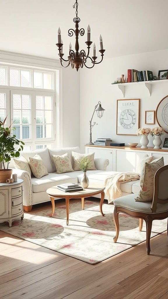 A cozy French Country living room featuring a white couch, vintage decor, and soft lighting.