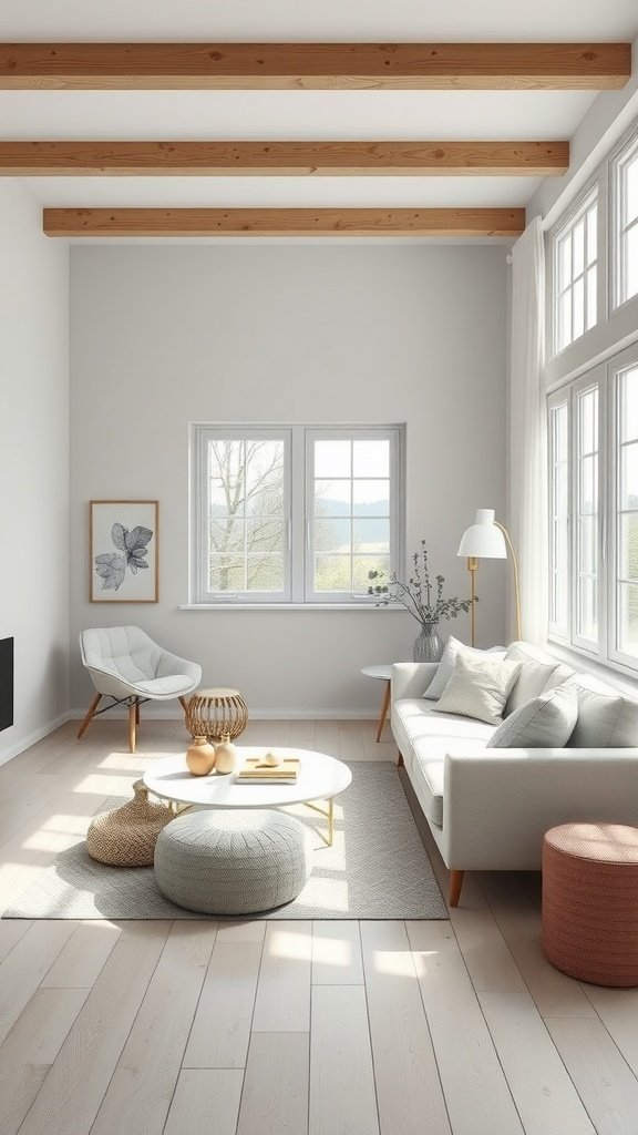 A bright living room with a white couch, wooden beams, and minimalist decor.