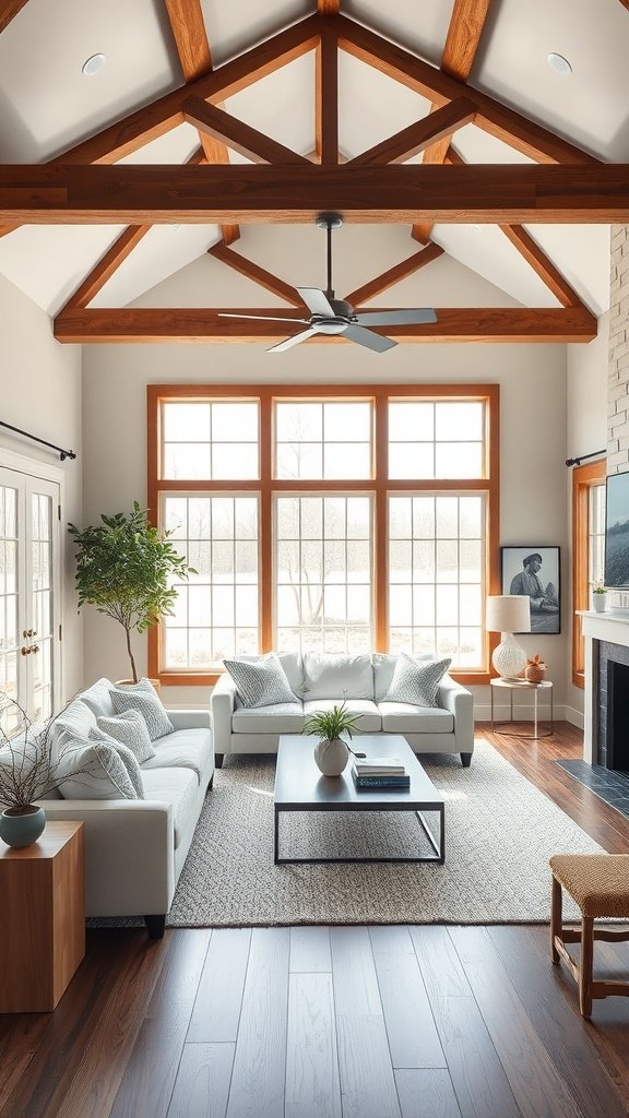 Modern ranch living room featuring a white couch, wooden beams, and large windows.