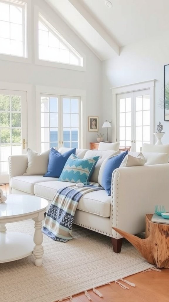 Coastal chic living room featuring a white couch and blue accents.