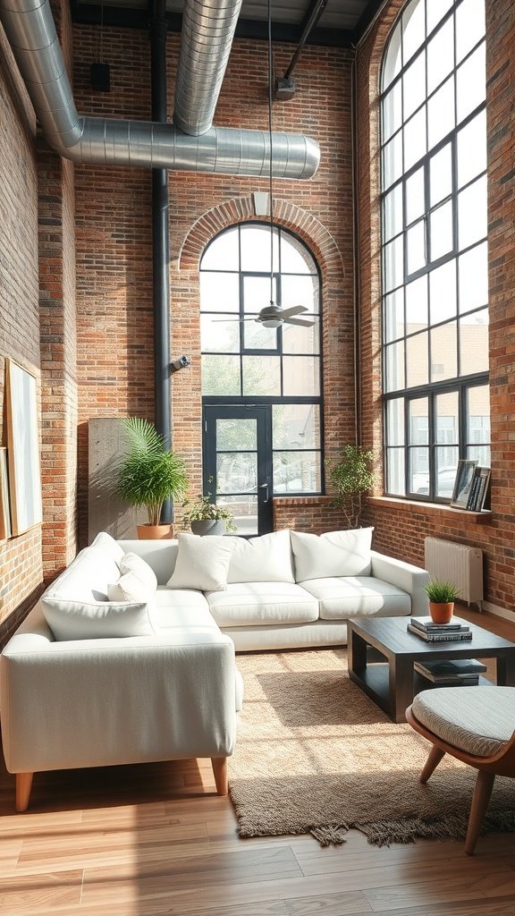Modern industrial living room featuring a white couch, exposed brick walls, and large windows.