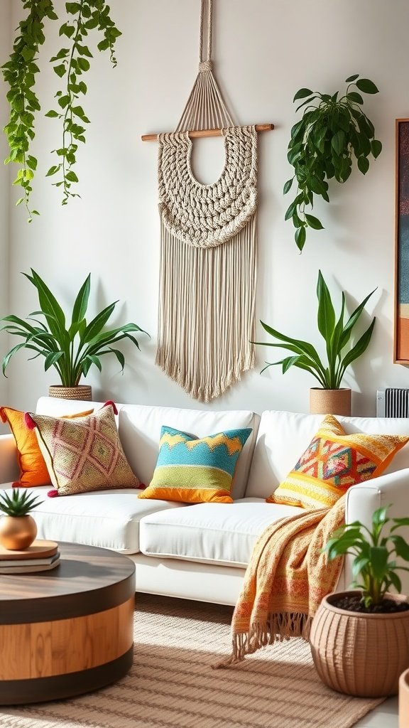 A cozy living room featuring a white couch adorned with colorful pillows and throws, with hanging plants and macrame wall art.