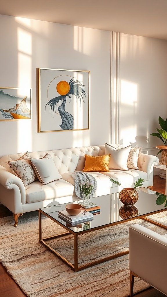 A contemporary living room featuring a white couch, gold accents, and modern art decoration.