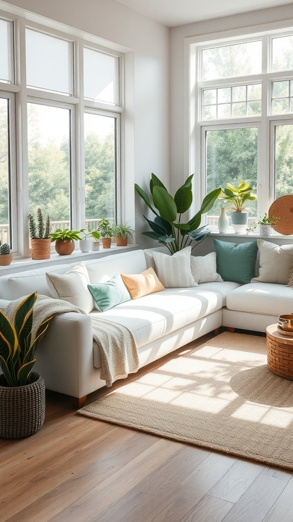 Cozy living room with a white couch, plants, and warm decor.