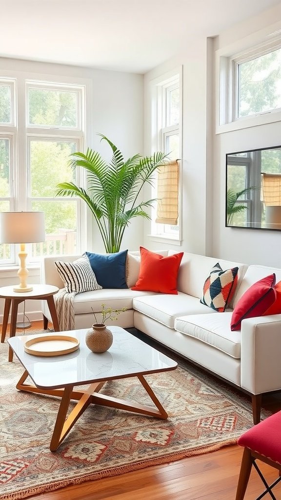 A bright and inviting mid-century modern living room featuring a white couch, colorful pillows, and stylish decor.