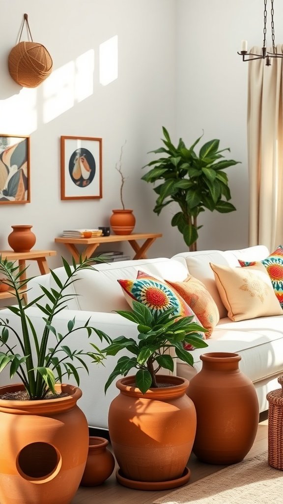 A bright living room featuring a white couch adorned with colorful cushions, surrounded by terracotta pots and green plants.