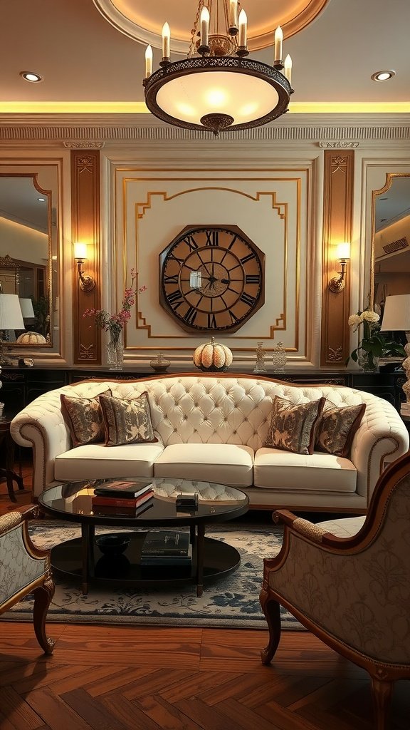 A luxurious white couch in an Art Deco style living room with gold accents and a modern chandelier.