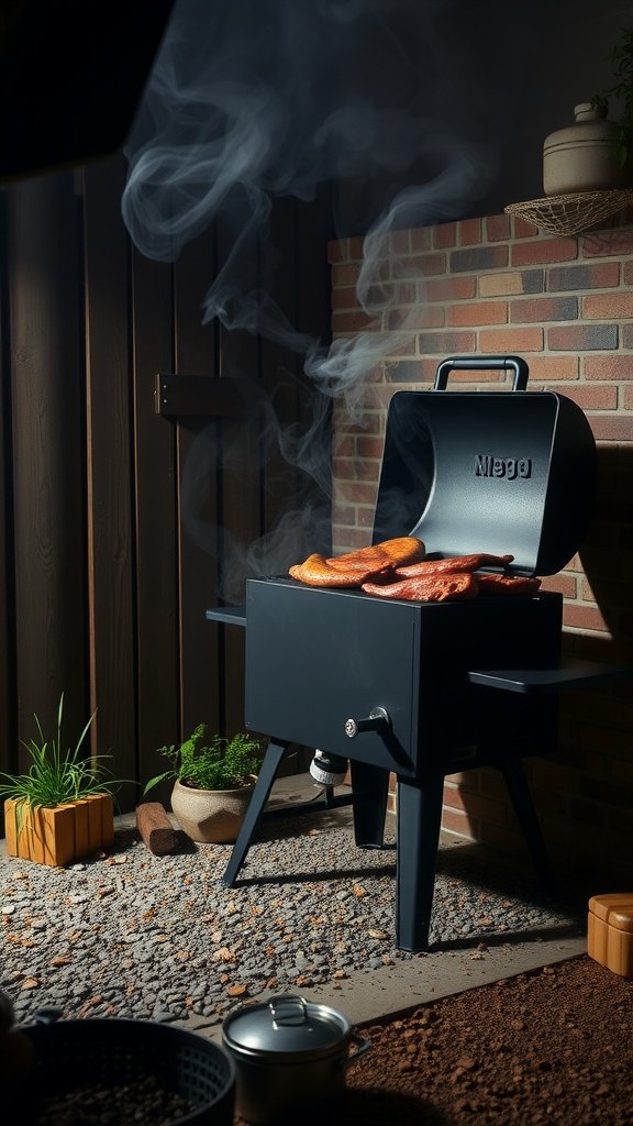 A barbecue smoker with smoke rising, surrounded by plants and gravel.