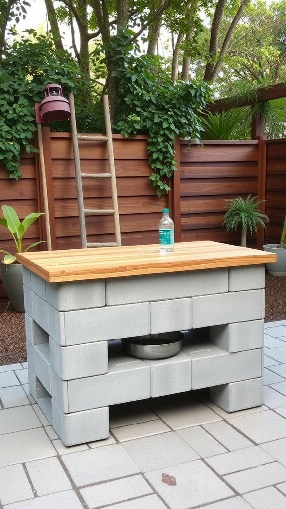 A cinder block kitchen island with a wooden top, surrounded by greenery.