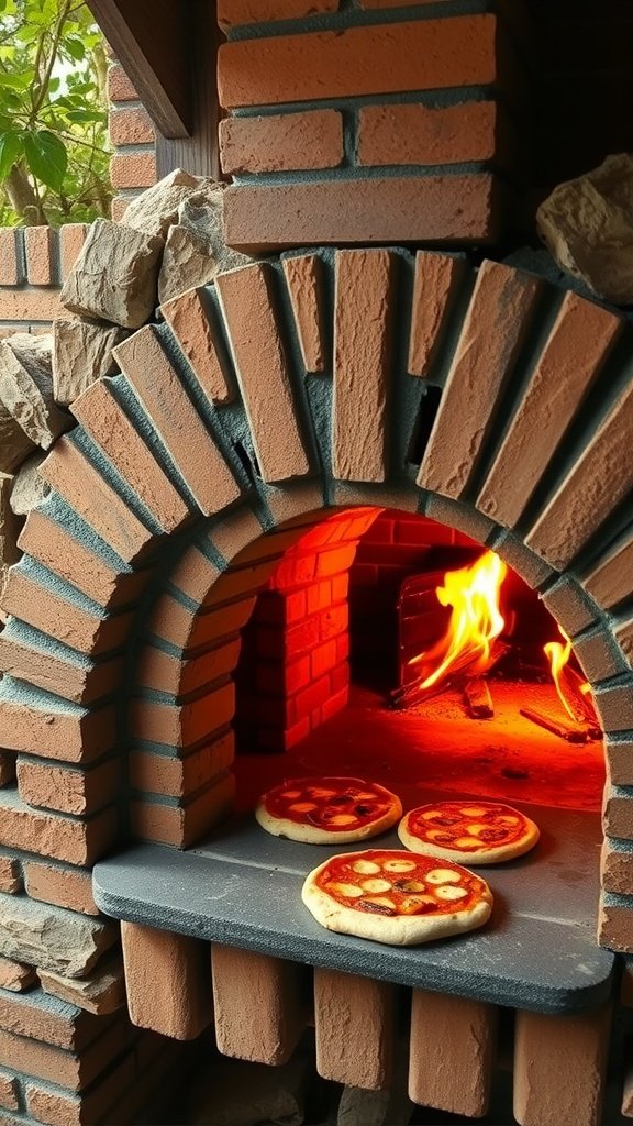 A brick outdoor pizza oven with pizzas baking inside.