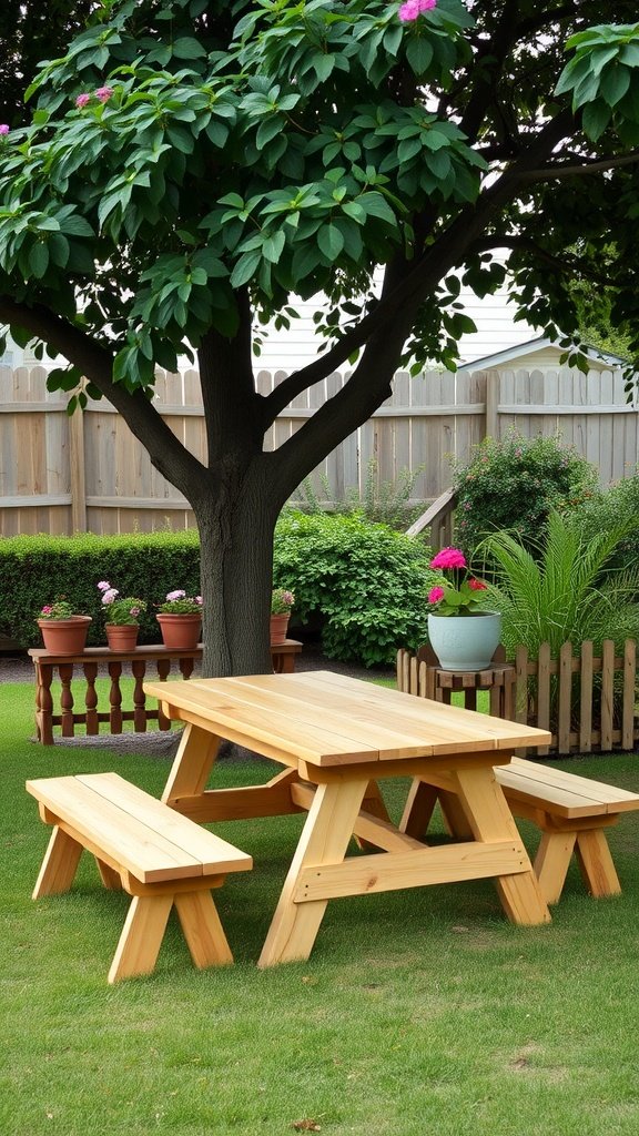 A wooden picnic table and benches under a tree in a garden setting.