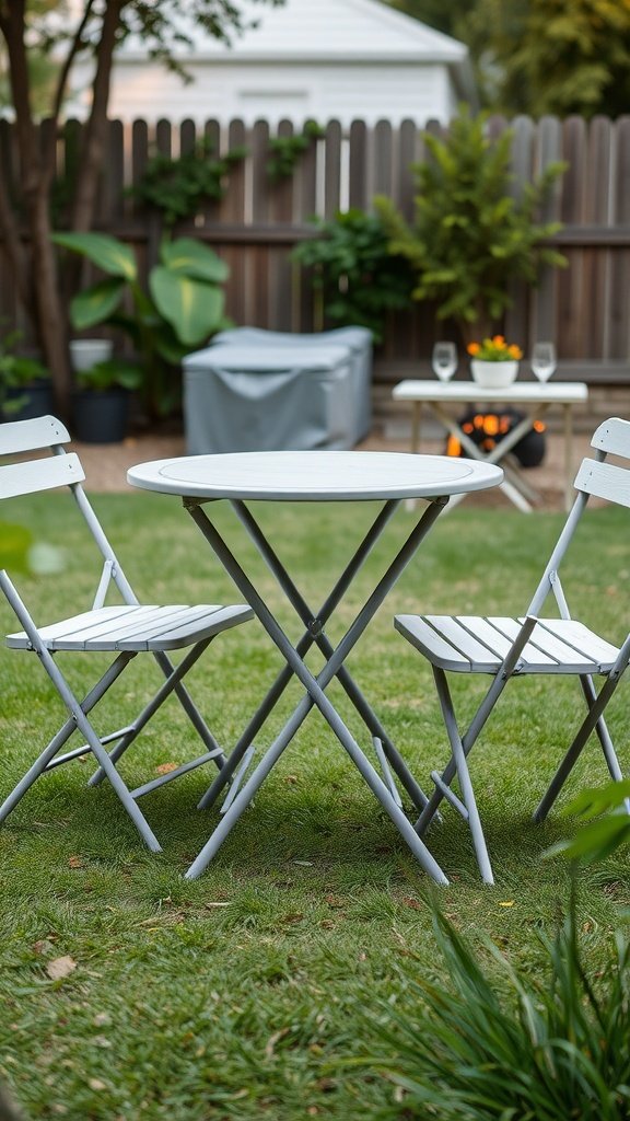 A small outdoor setup with a round table and two folding chairs on grassy ground.