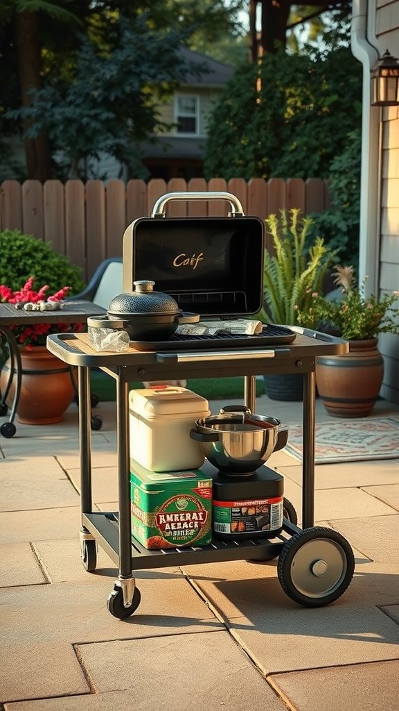 A portable grill cart on wheels with cooking equipment and storage compartments.