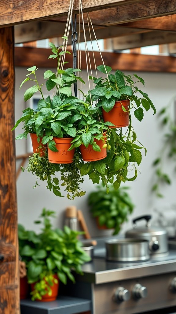 A hanging herb garden with pots of green herbs above an outdoor kitchen.