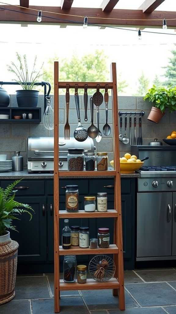A wooden ladder shelf with kitchen utensils and jars in an outdoor kitchen.