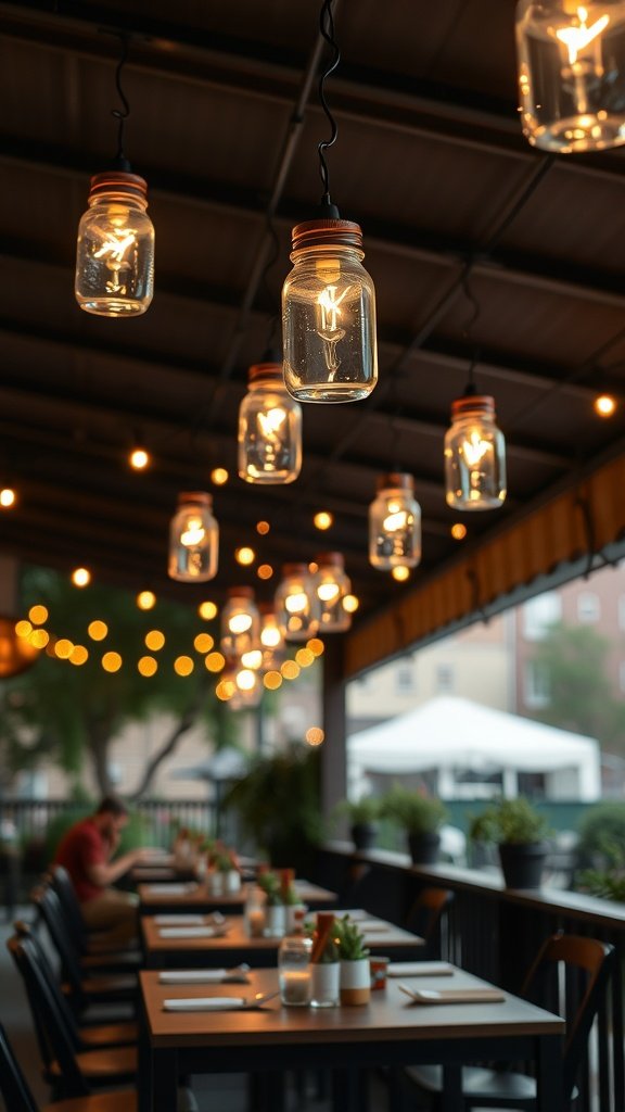 A cozy outdoor dining space with mason jar lighting hanging above tables.