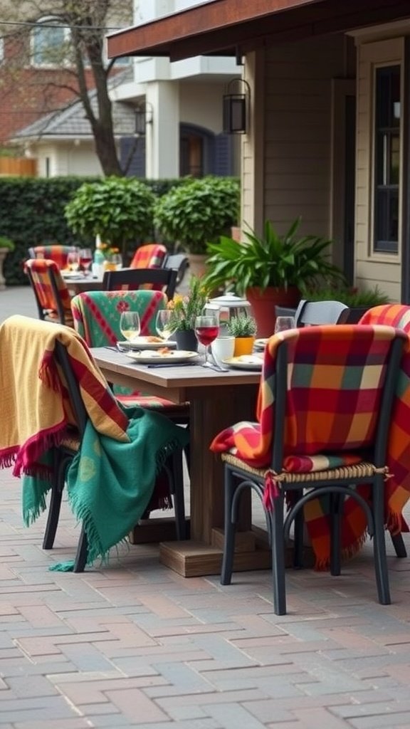 Cozy outdoor dining set with colorful blankets on chairs, surrounded by plants.