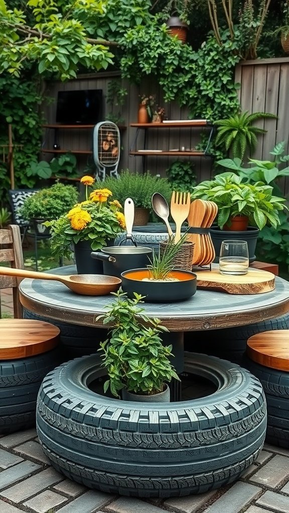 A repurposed tire table with plants and cooking utensils in an outdoor kitchen setting