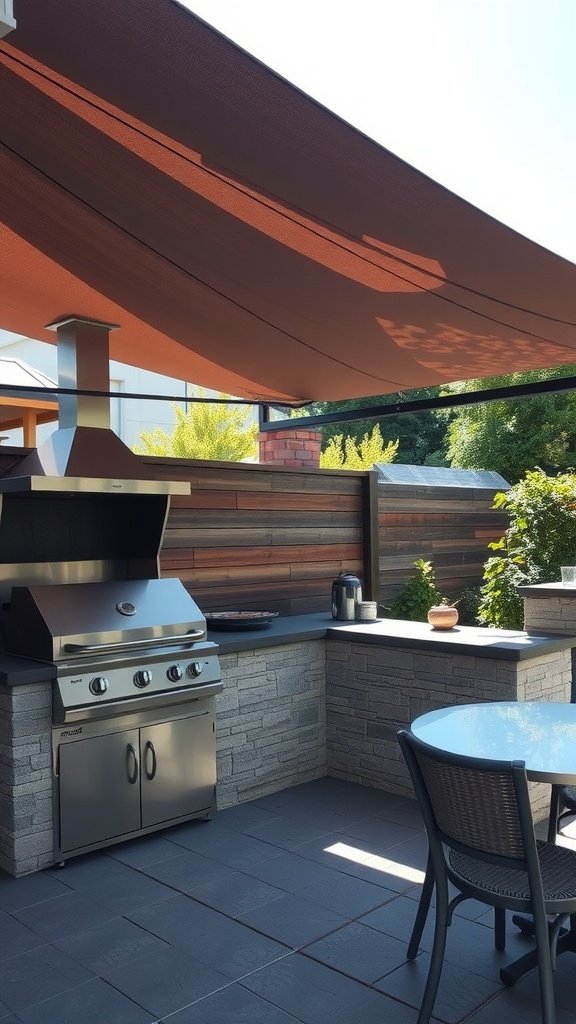 A modern outdoor kitchen with a shade canopy, featuring a grill and a dining area.