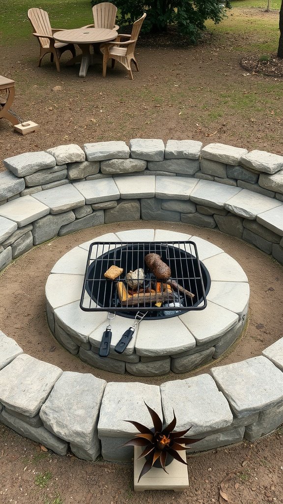 Stone fire pit with grilling grate and cooking items