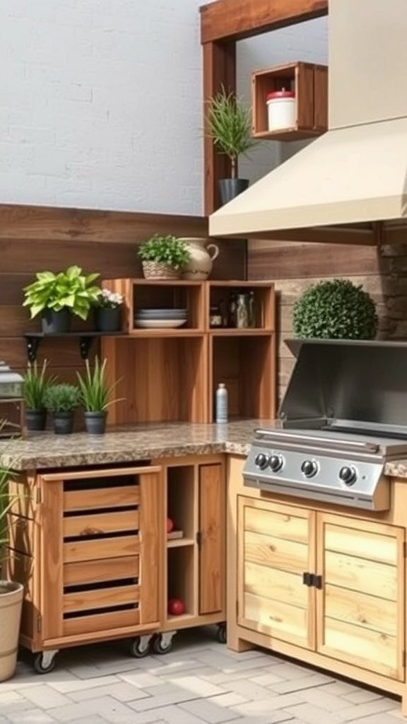 An outdoor kitchen featuring wooden crate storage with plants and kitchen appliances.