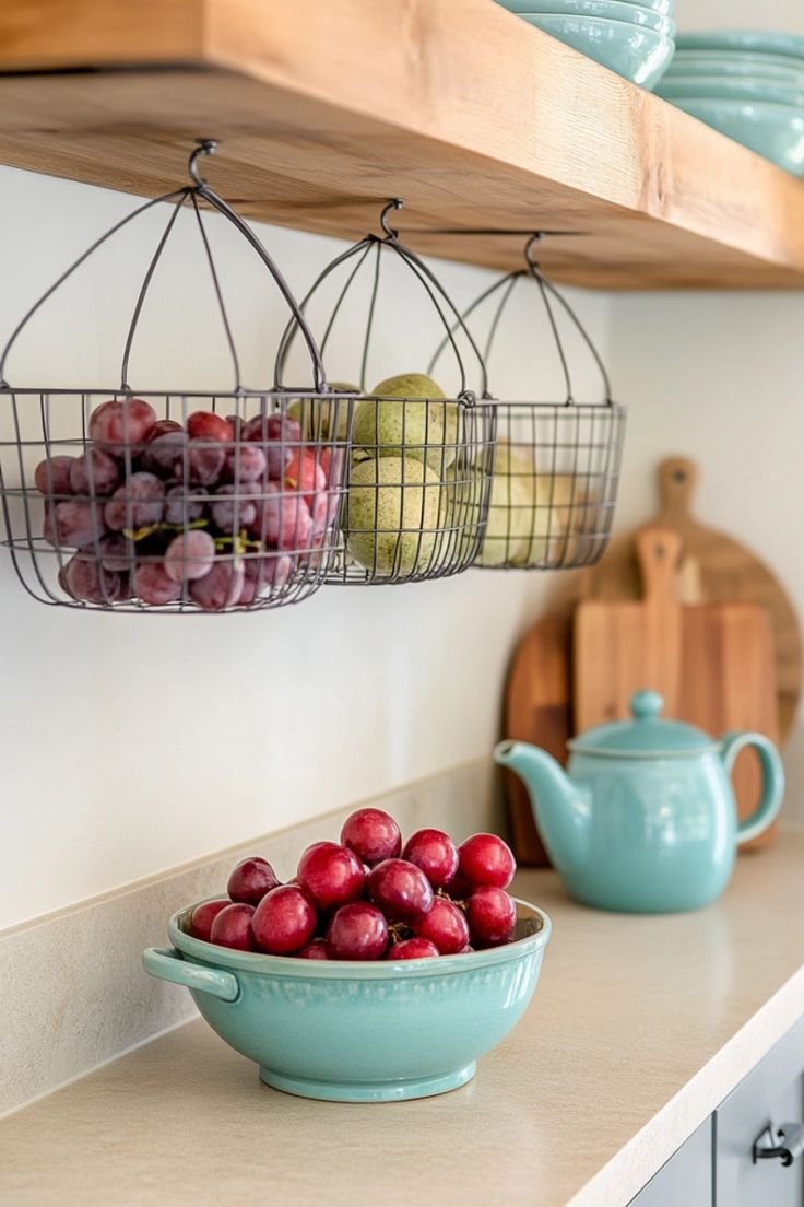 Vertical Kitchen Organization Hacks With Hanging Fruit Baskets