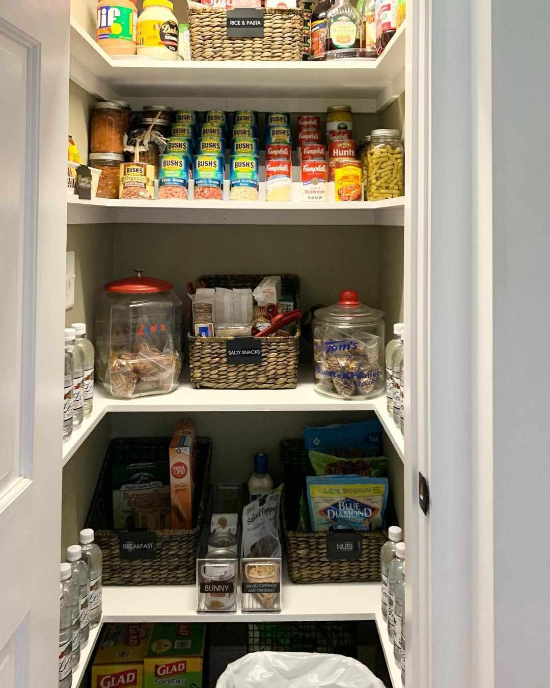 Tiny Pantry Organization Utilize Baskets with Labels