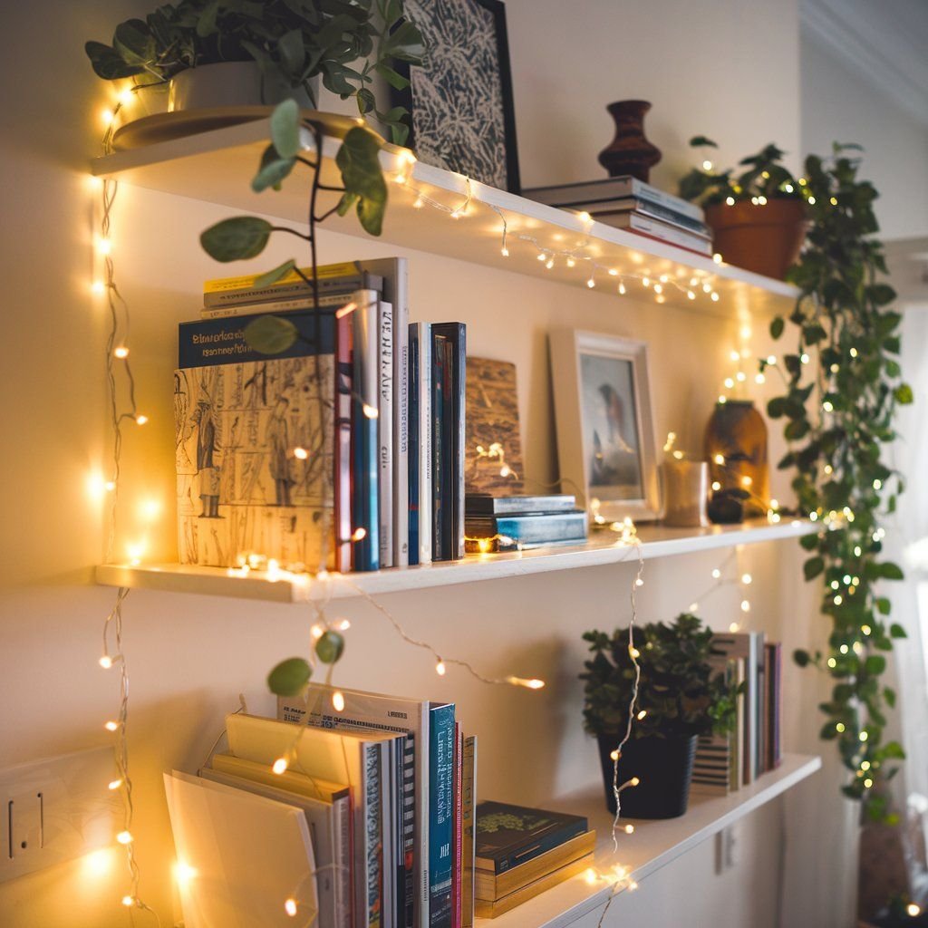 Whimsical String Lights Bedroom Organization