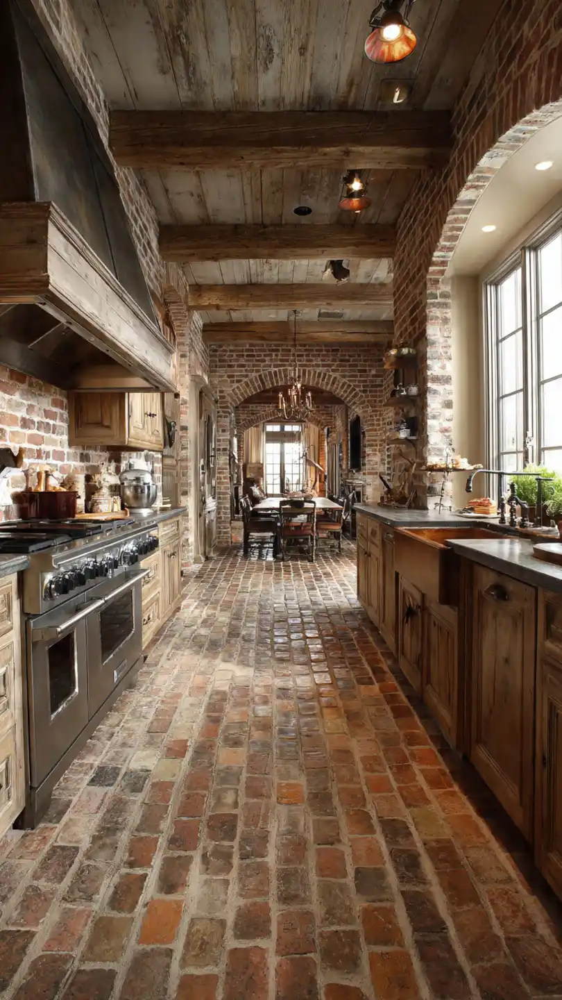 Brick or Stone Flooring Rustic Farmhouse Kitchen