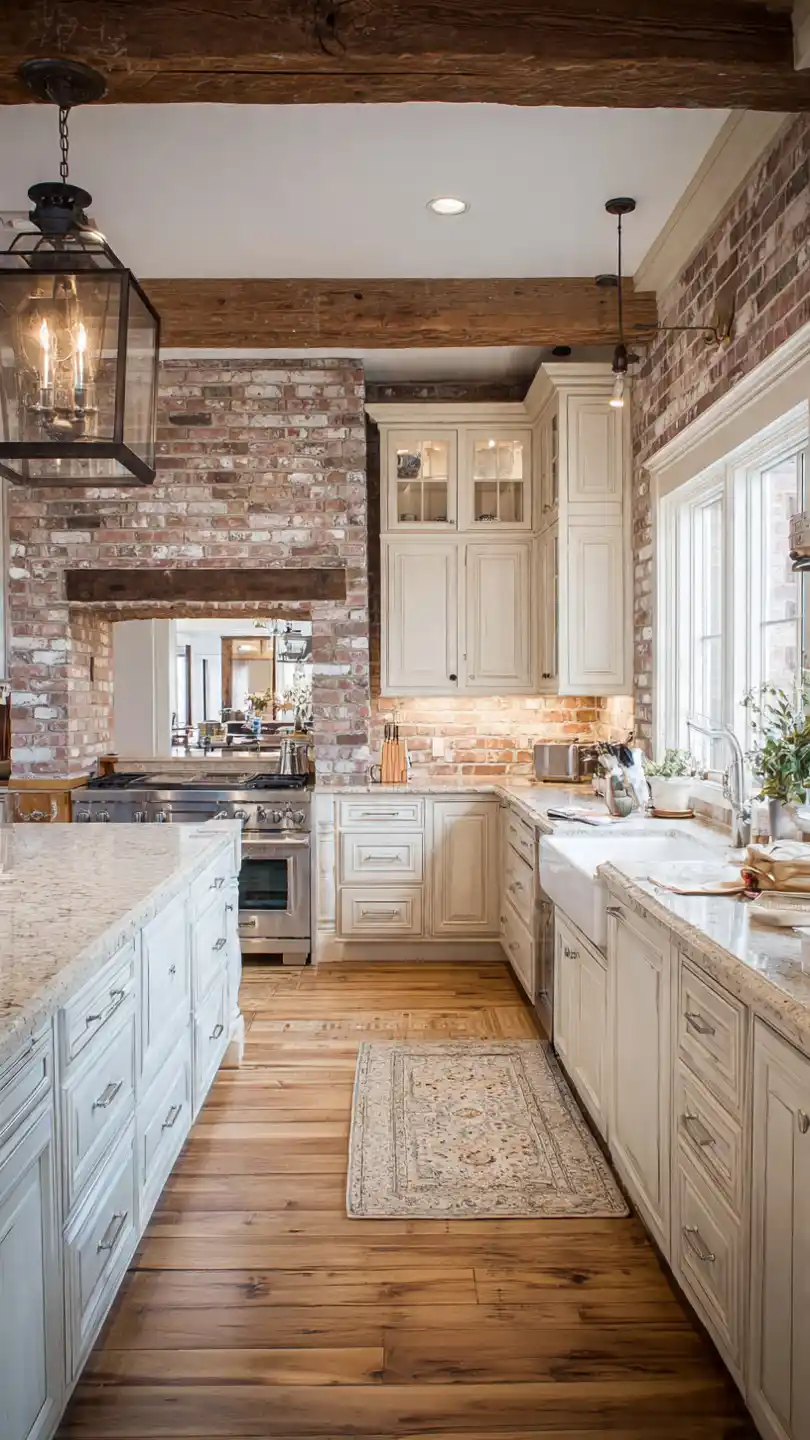 Exposed Brick Backsplash Rustic Farmhouse Kitchen

