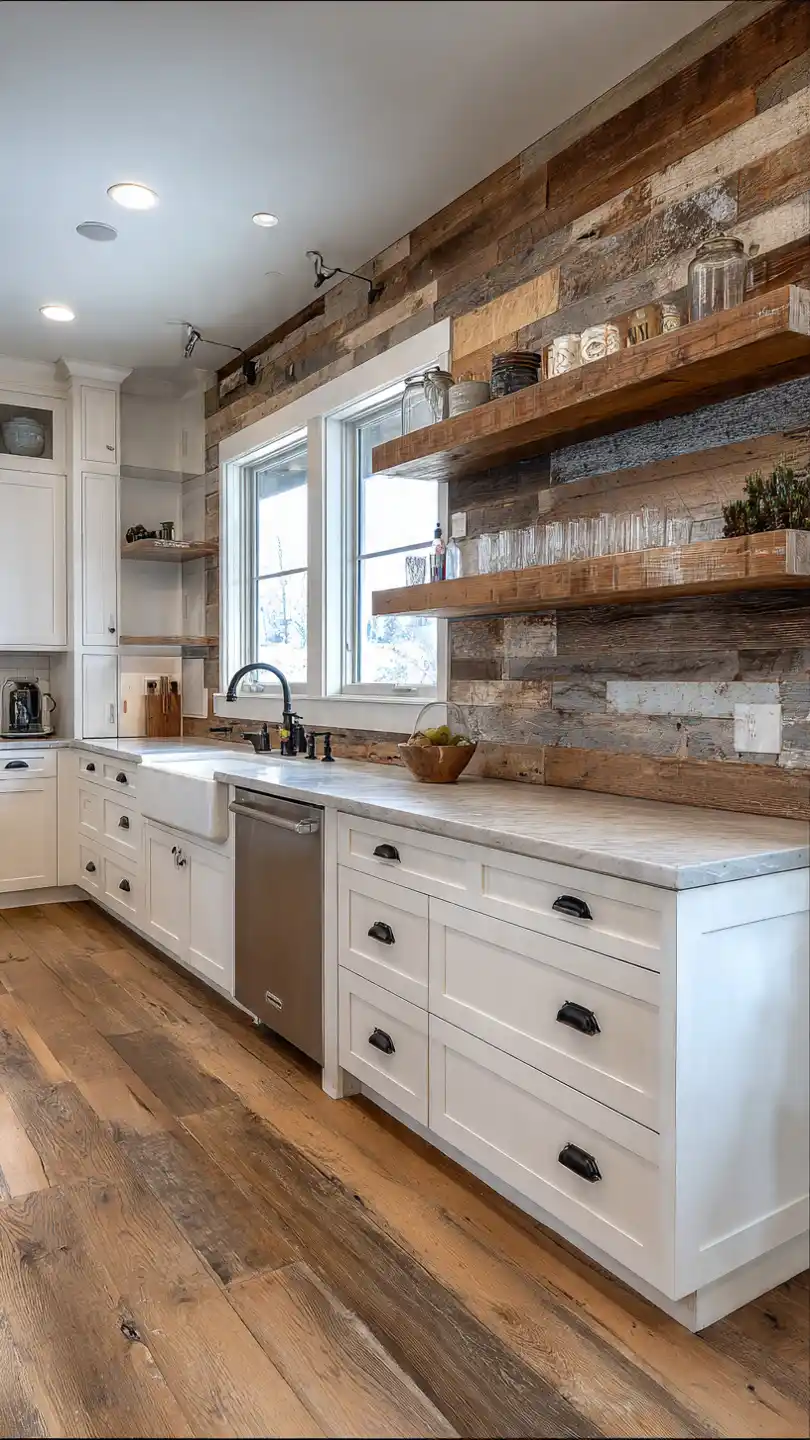 Reclaimed Wood Farmhouse Kitchen Backsplash 
