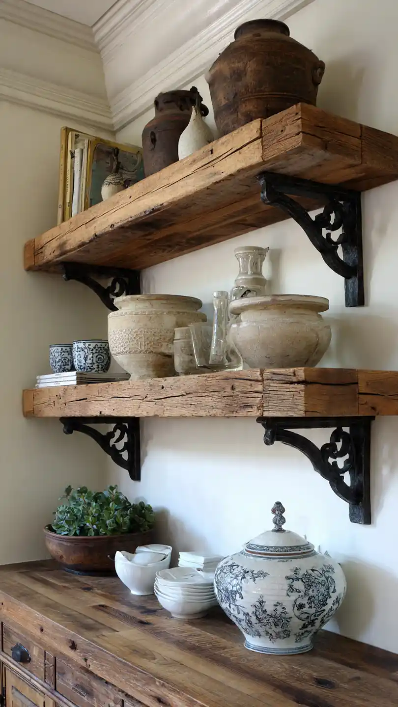 Reclaimed Wood Shelves with Decorative Brackets Country Kitchen