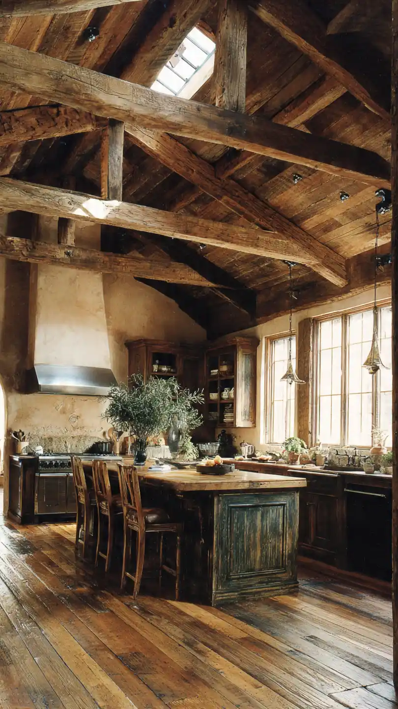 Rustic Wood Ceiling with Exposed Beams Country Kitchen