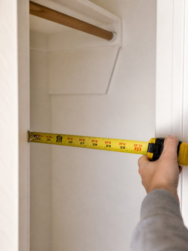 Person measuring small bedroom closet width with a yellow measuring tape before buying a closet organizer