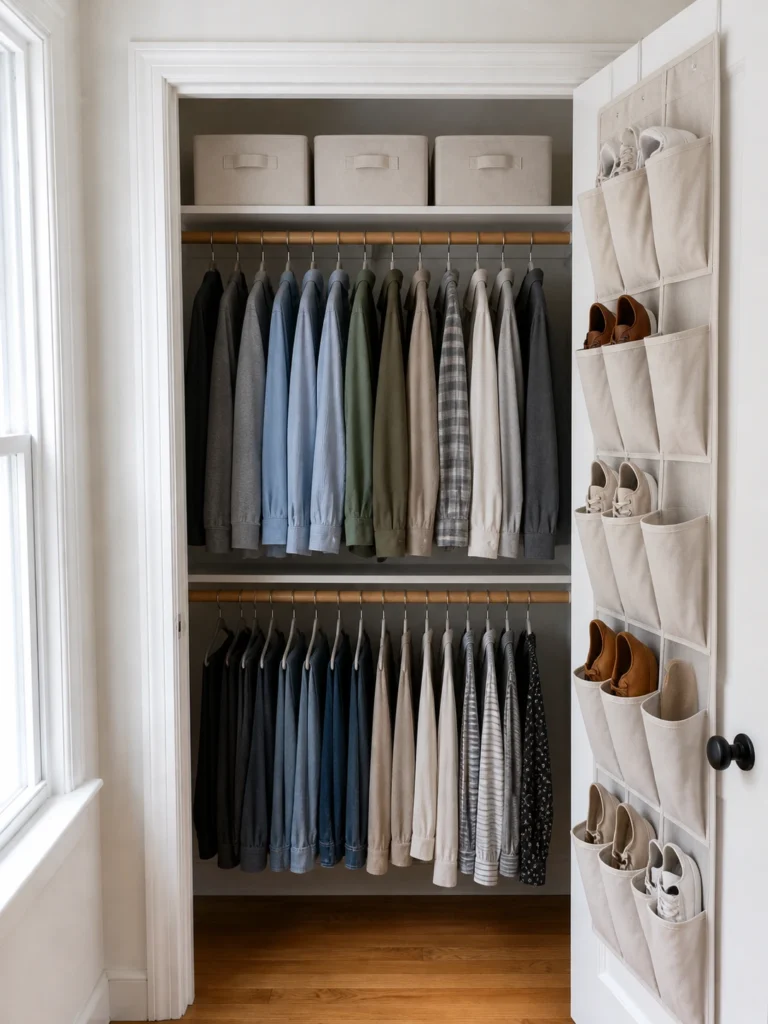 Small bedroom closet without built-ins organized using a double hanging rod, upper shelf bins, and over-door shoe organizer