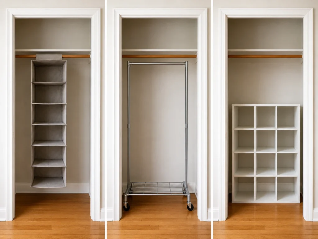 Three types of freestanding closet organizers for a bedroom closet with no built-ins fabric hanging organizer, metal garment rack, and modular cube shelf